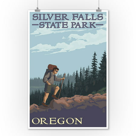 Silver Falls State Park, Oregon - Hiker & Mountain Scene - Lantern Press Poster (9x12 Art Print, Wall Decor Travel