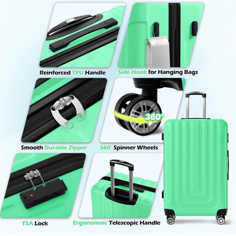 Luggage Sets 5 Piece Hardshell with TSA Lock 60%PC ABS Suitcase with Spinner Wheels 20 26 28 30 32 inch Carry on Luggage Green