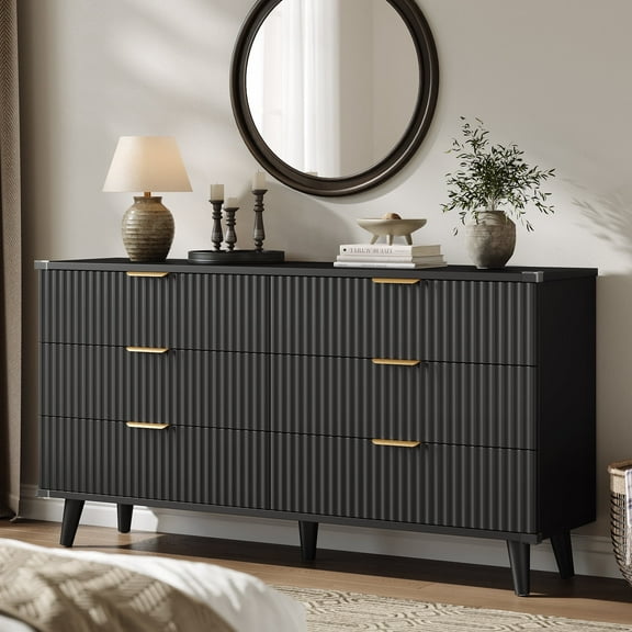 Laintene Black Dresser for Bedroom, 53" Wide Dressers & Chest of Drawers, Boho Fluted Dresser with Wave Panel Design, Modern 6 Drawer Dressers for Living Room
