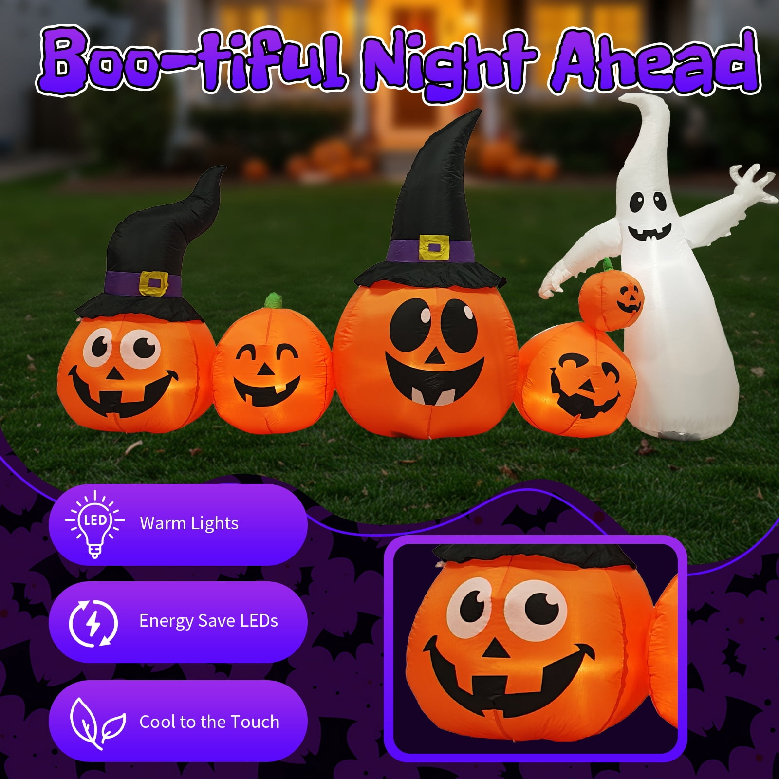 Astoutdoor 8 ft Long Halloween Inflatable Pumpkins and Ghost Outdoor Decoration with Built-in LED Lights