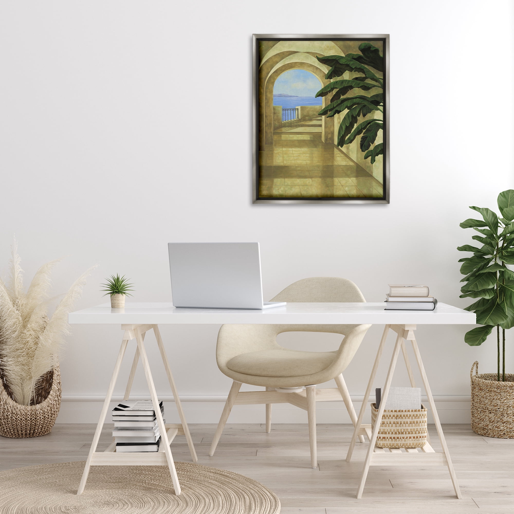 Stupell Industries Coastal Villa Palm Town & City Painting Gray Floater Framed Art Print Wall Art, 25 x 31