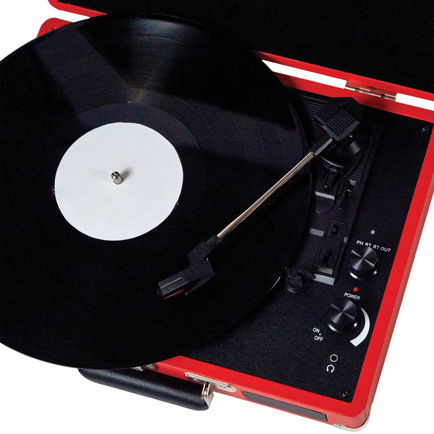 Victor 2-Watt Metro 3-Speed Belt-Drive Manual Suitcase Turntable with Built-in Speakers, Bluetooth In/Out, Aux In, and 45-RPM Adapter , Red
