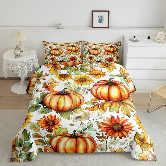 Erosebridal Ensembles de Literie d'Automne à Citrouilles Format Double avec Couette, Ensembles de Couette Joyeuse Récolte Taille Double, Couette Réversible Rustique à Marguerites, Décoration de Chambre en Microfibre, 3 Pcs