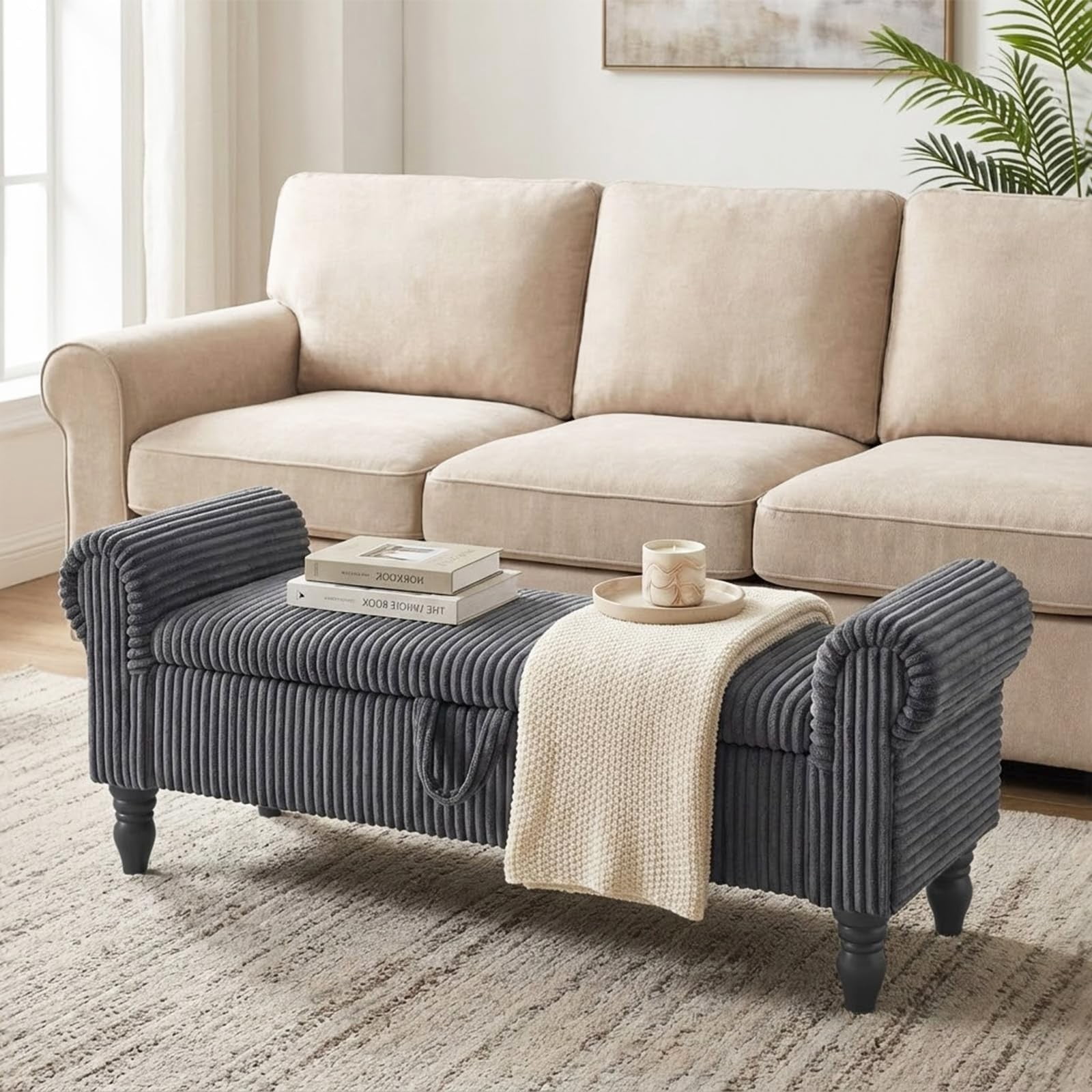 51.5" Storage Ottoman Bench, Upholstered Corduroy End of Bed Bench with Hidden Storage for Bedroom, Entryway & Living Room, Dark Gray