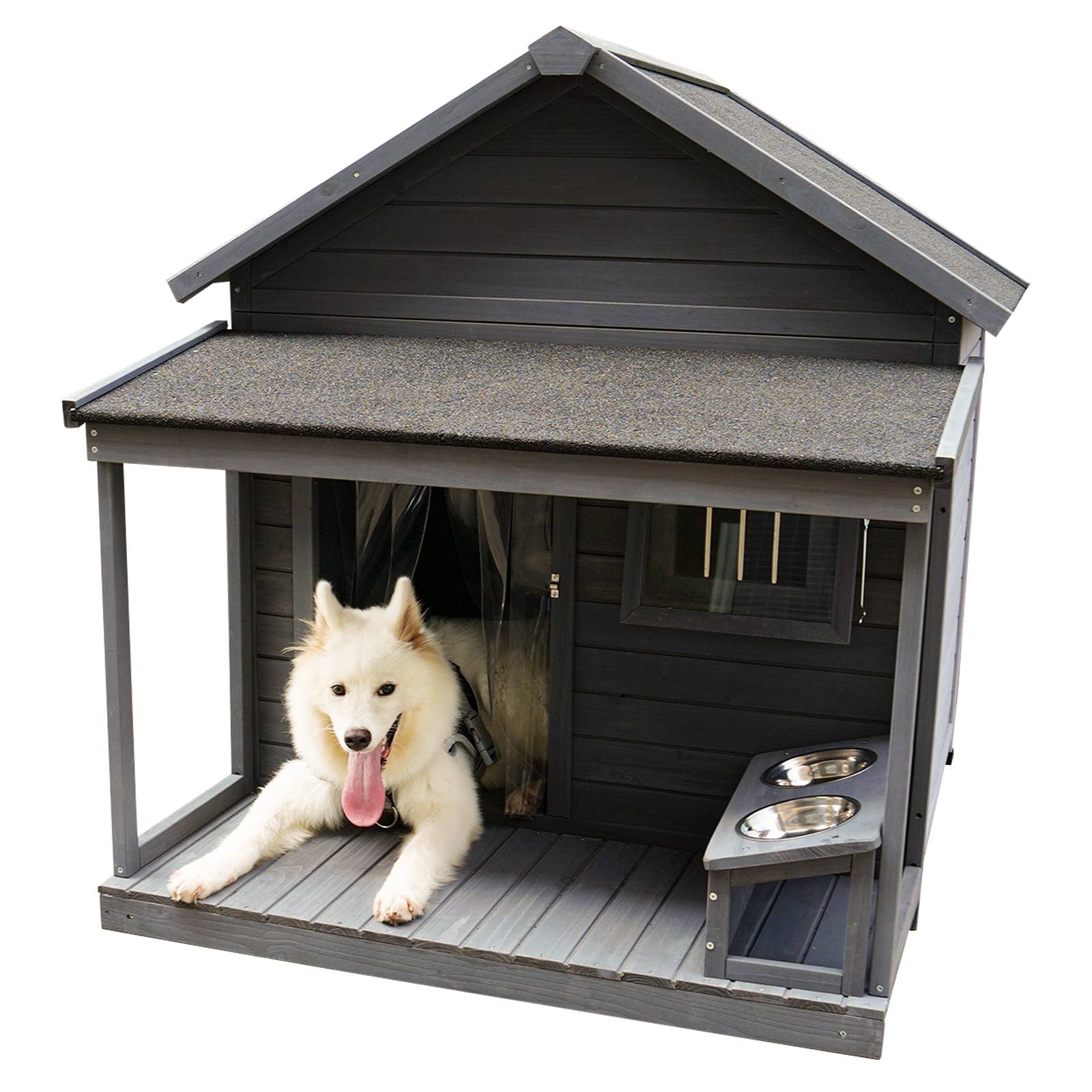 ZephyPaws Large Outdoor Wood Dog House with Spacious Terrace,Breathable Window 2 Feeding Stainless Bowls,Dog Kennel with Asphalt Roof,Dog Cage with Resting Porch for Large Dogs,Gray