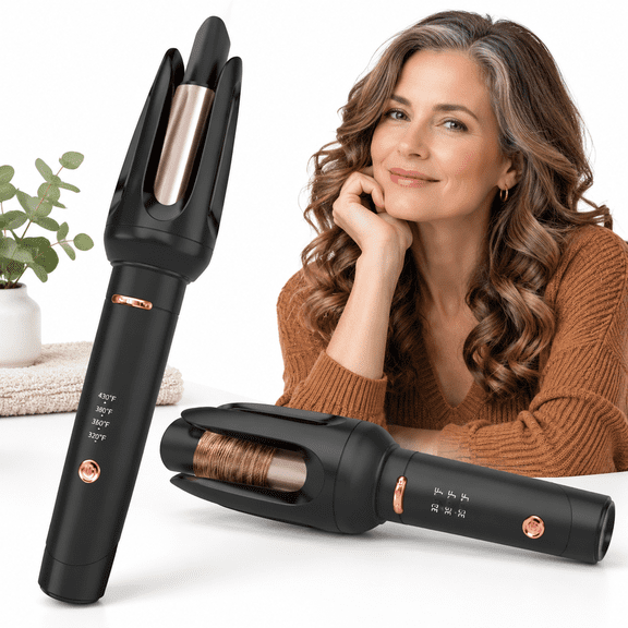Black Auto Hair Curler, 1.2-inch Ceramic Curling Wand with 4 Temperatures and 3 Timers