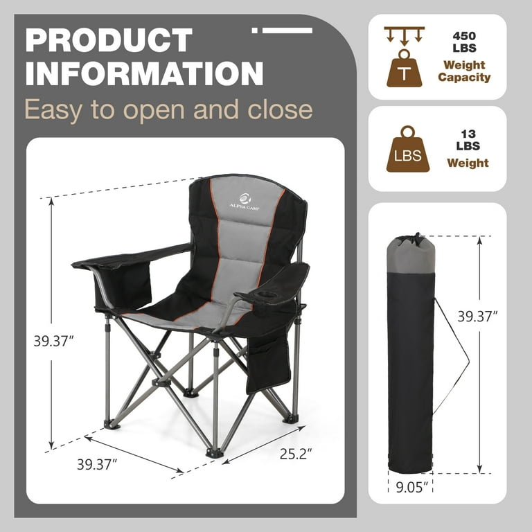 Alpha Camper Foldable Camping Chair Oversized Padded Heavy Duty Portable Quad Chair with Cooler Bag Cup Holder Supports 450lbs Black and Gray