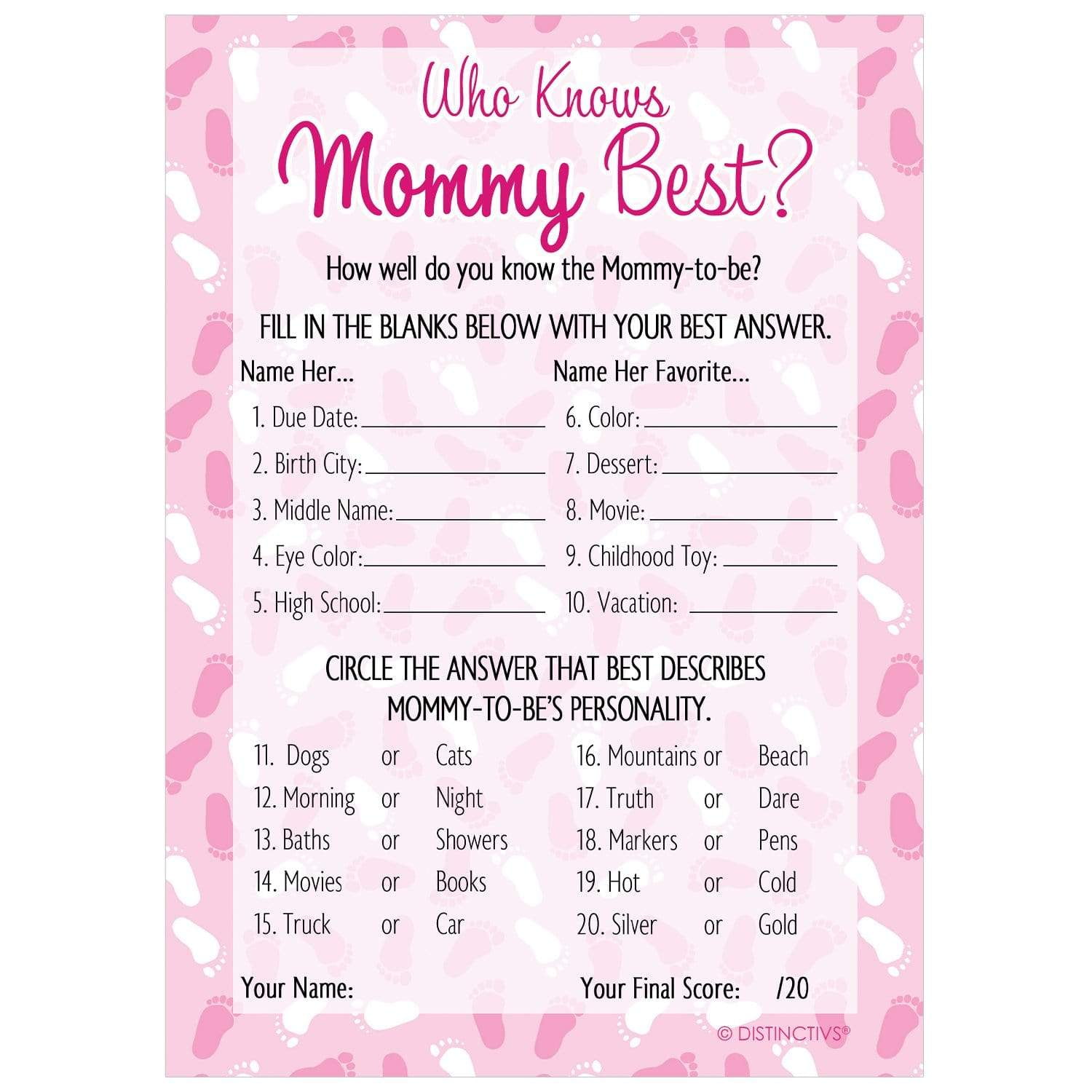 Party Game WHO KNOWS MUM BEST Unisex Baby Baby Shower Game 20 Player 
