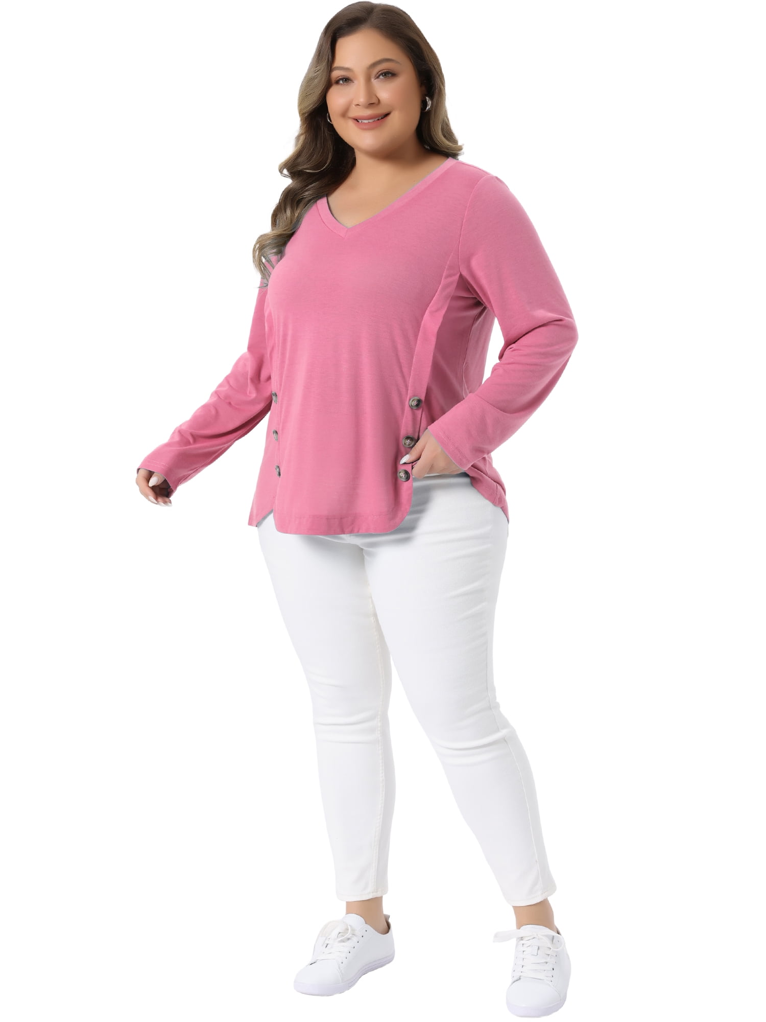 DARING DIVA Women's Plus Size Long Sleeve Button Side Swing Blouses 2X Pink