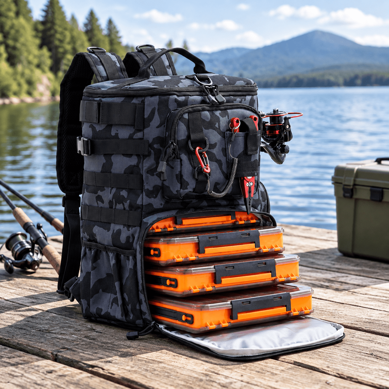 Camo 5 Gallon Fishing Bucket Organizer Tackle Bag with Rod & Plier Holder Multi-Pockets