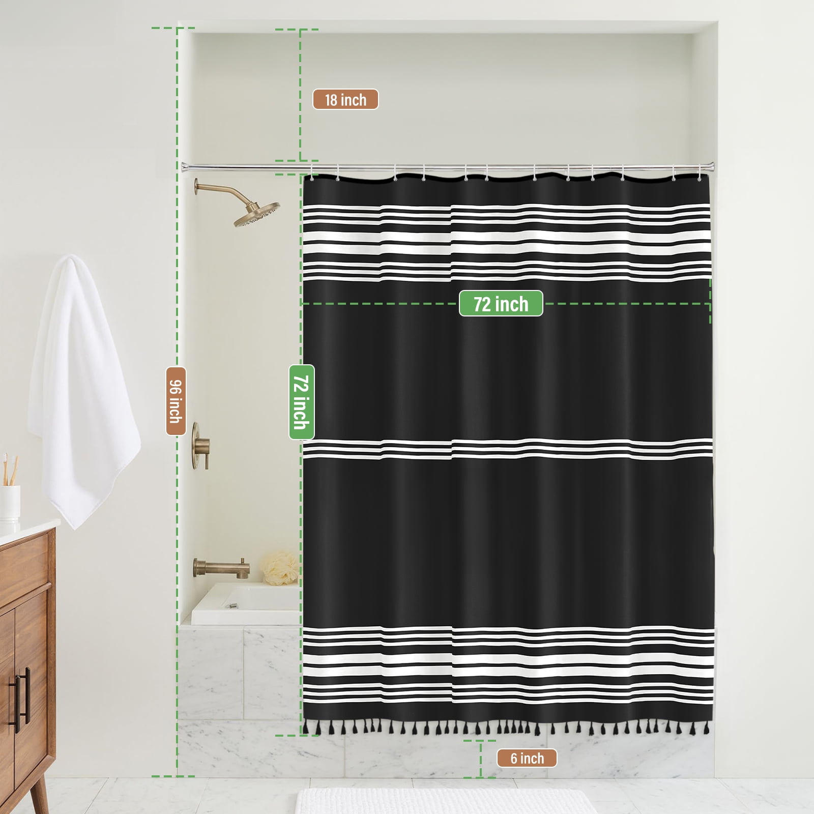 Seasonwood Black and White Shower Curtain Striped with Tassel Modern Bathroom Curtains, Fabric, Waterproof 72x72 inch