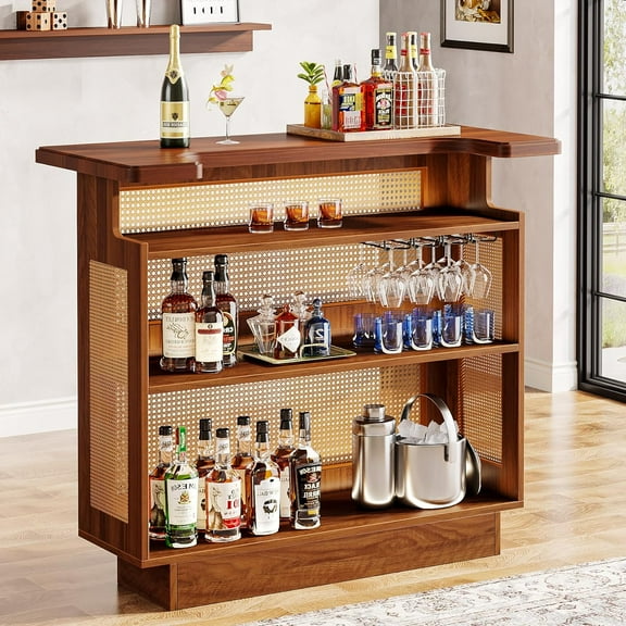 Tribesigns Farmhouse Storage Straight Bar with Stemware Racks and Wine Racks, Caramel Brown