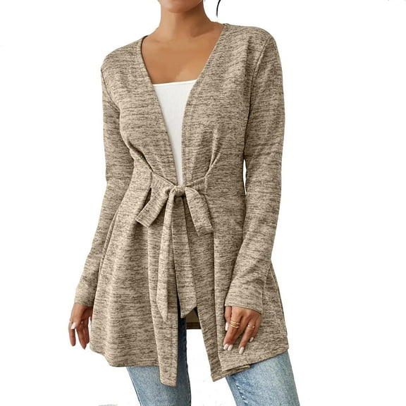 Womens Long Sleeve Cardigans Lightweight Fleece Tie Front Tunic Tops Comfy Fall Casual Outwear Cardigan Beige, M
