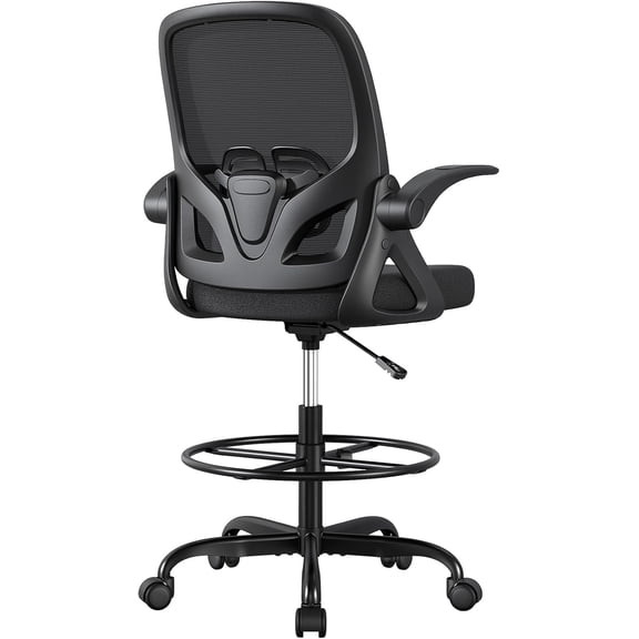 Tall Drafting Chair with  Support and Footrest Ring, Supportive Tall Extended Height  Desk Chair for  Work, Breathable Mesh Office Chair with Flip up (Black)