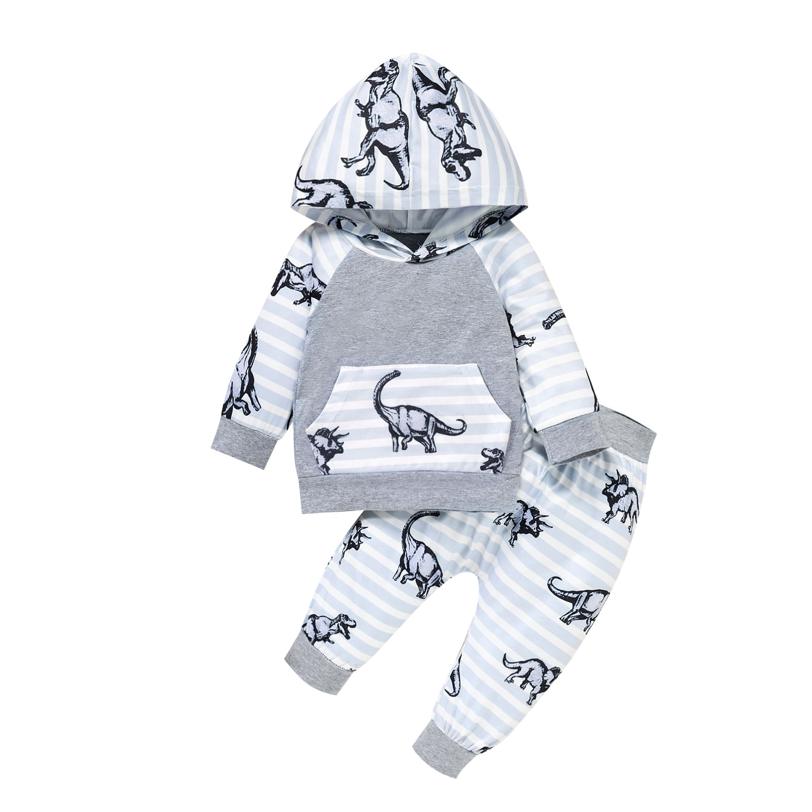 Baby Boy Clothes Long Sleeve Cartoon Print Hoodie Sweatshirt Tops and Striped Pants Sweatsuit Outfits Set
