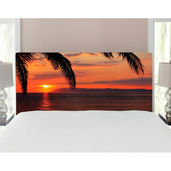 Tropical Headboard, Sunrise on Sea Palm Trees Exotic Holiday Honeymoon Romantic Beach Morning Scene, Upholstered Decorative Metal Bed Headboard with Memory Foam, Full Size, Orange Yellow, by Ambesonne