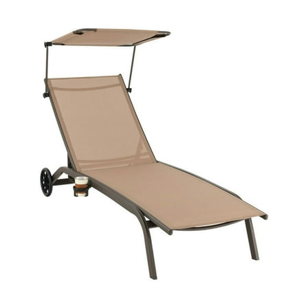 Spaco Patio Heavy-Duty Adjustable Chaise Lounge Chair, Lounge Chair with Canopy Cup holder and 2 Wheels, Lounge Chair for Outdoor, Brown