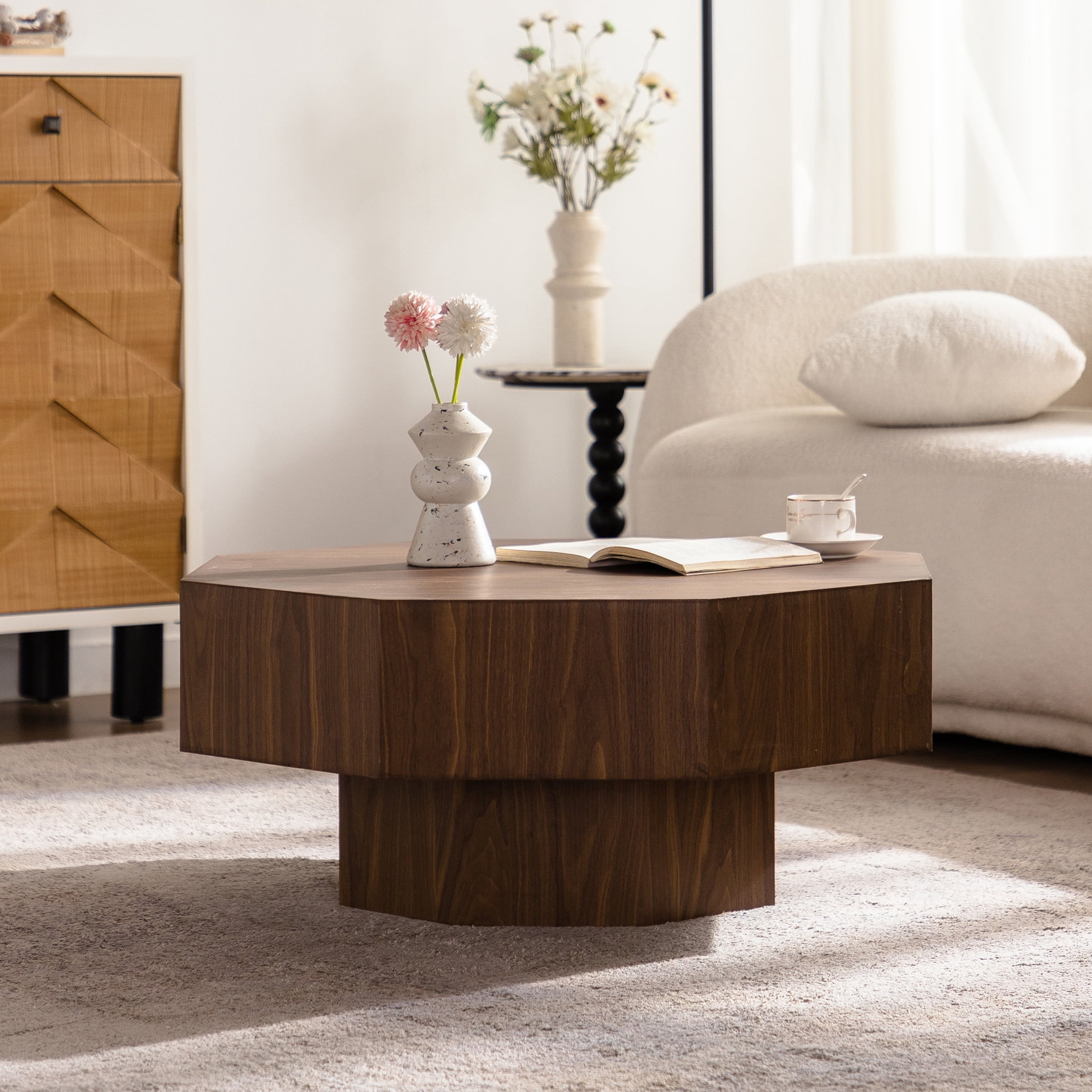 Noble House 30" Octagonal Wood Coffee Table, Minimalist Design for Modern Living Room, Bedroom, Walnut
