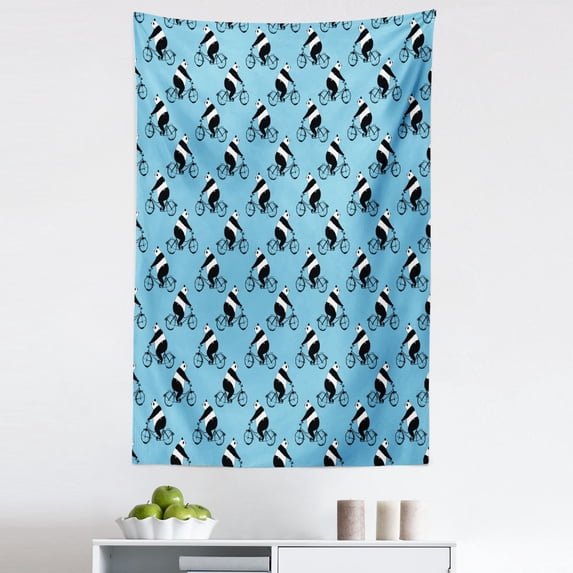 Sports Tapestry, Panda Bear Riding Bicycle Animal Hobby Humor Comic Caricature Art, Fabric Wall Hanging Decor for Bedroom Living Room Dorm, 5 Sizes, White Black and Blue, by Ambesonne