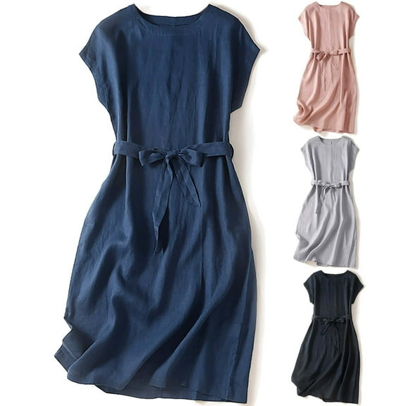 Elainilye Fashion Dresses for Women 2024 Round Neck Embroidered Cotton and Linen Dress Literature Retro Flowing Long Dress,Gray