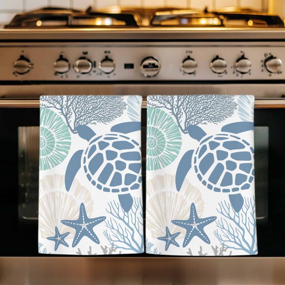Coastal Sea Turtle Kitchen Towels Set of 3, Nautical Ocean Creatures Starfish Absorbent Dish Towels for Kitchen, Microfiber Hand Towel, Quick Drying Tea Towel for Cleaning Decorative Dishcloths