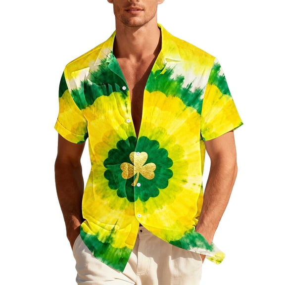 hlysgo St Patricks Day Shirts Men Trendy Tie Dye Printed Hawaiian Shirt Irish Shamrock Tee Funny St Patty's Day Shamrock Printed Tshirts Yellow XXL