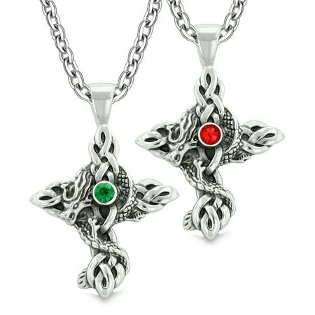 Fire Dragon Celtic Knots Protection Cross Amulets Love Couples or Best Friends Set Green Red