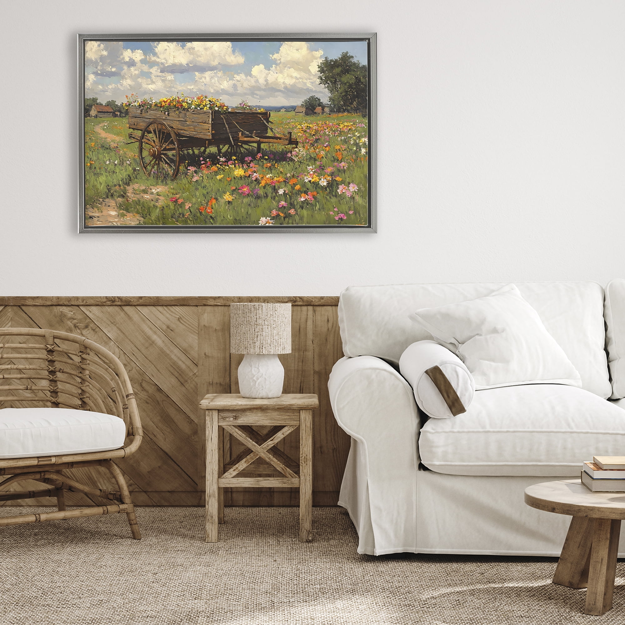 Stupell Industries Wildflower Wagon in Bloom Gray Framed Floater Canvas Wall Art, design by Franklyn Gregory