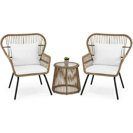3-Piece Patio Wicker Conversation Bistro Set w/ 2-Chairs Glass Top Side Table Cushions