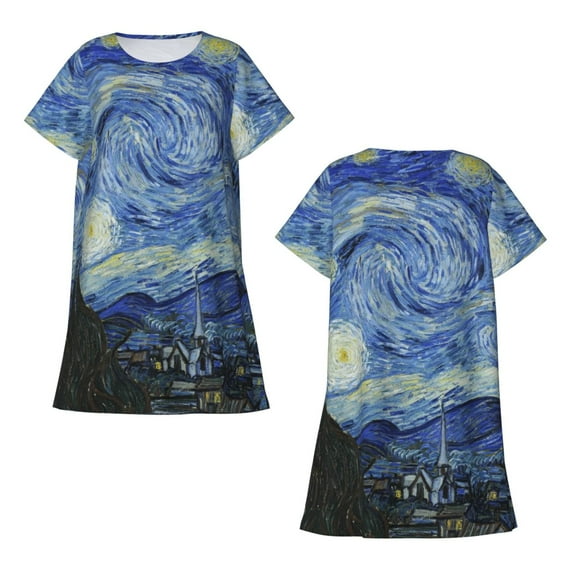 Horeoi The Starry Night Print Women's Short-sleeved Nightdress Breathable Cotton-like Material Loose A-line Knee-length