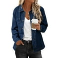 thumbnail image 2 of SHEWIN Womens Jean Jacket Oversized Denim Jackets Boyfriend Button Up Long Sleeve Split Fall Spring Shacket Deep Blue, 2 of 9