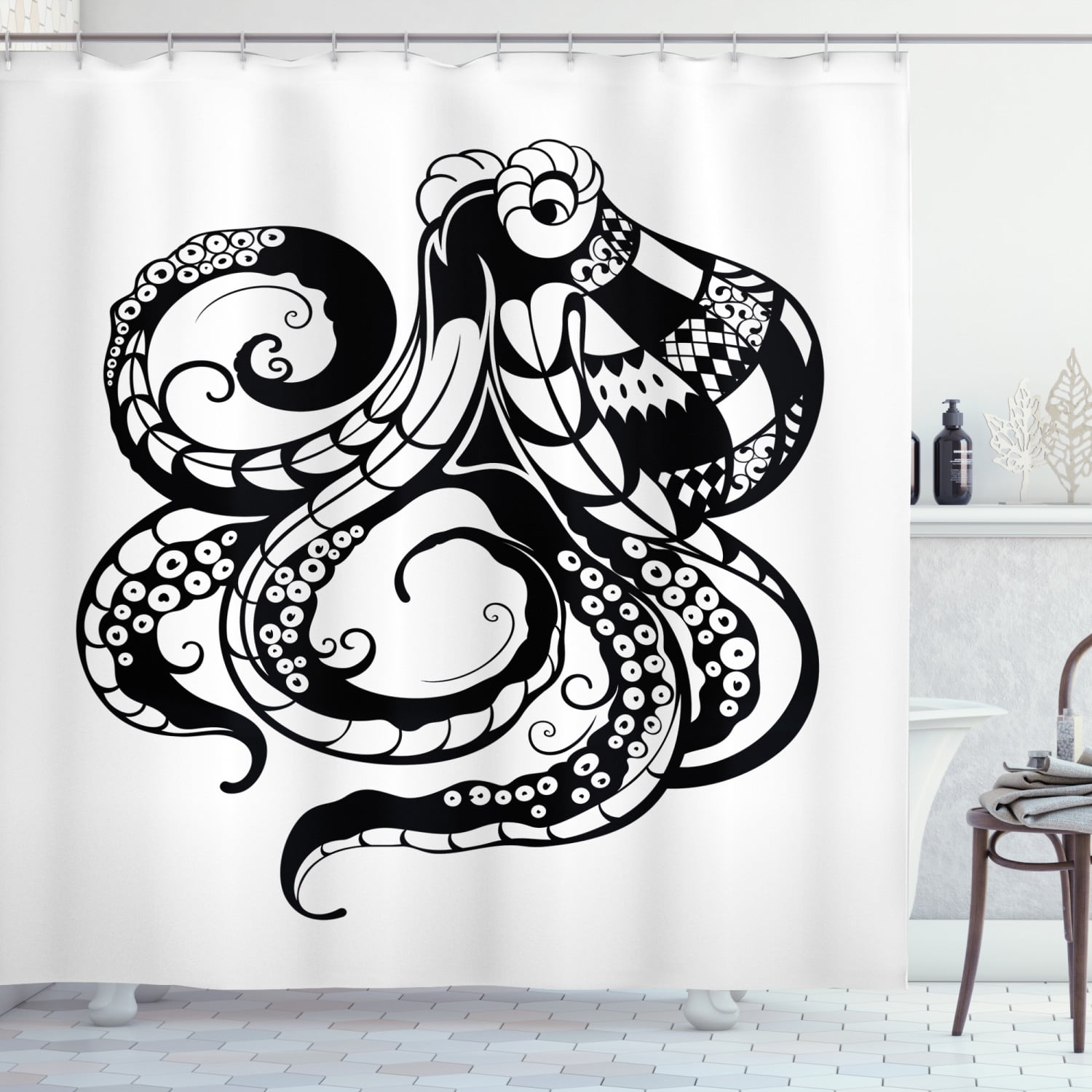 Octopus Shower Curtain, Ornamental Description of a Sea Animal in Monochrome Style Art Print