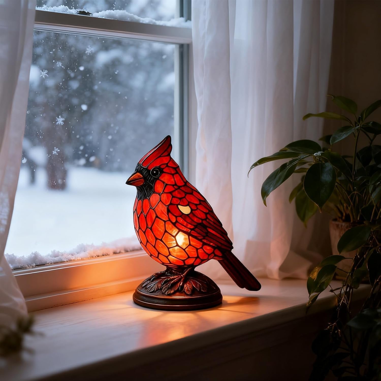 YUNOVA Cardinal Lamp Stained Glass, Handmade Red Bird Table Light with Warm LED Bulb, Christmas Decoration for Home Office Desk, Memorial Gift for Loved Ones, Gift Idea with Symbolic Meaning
