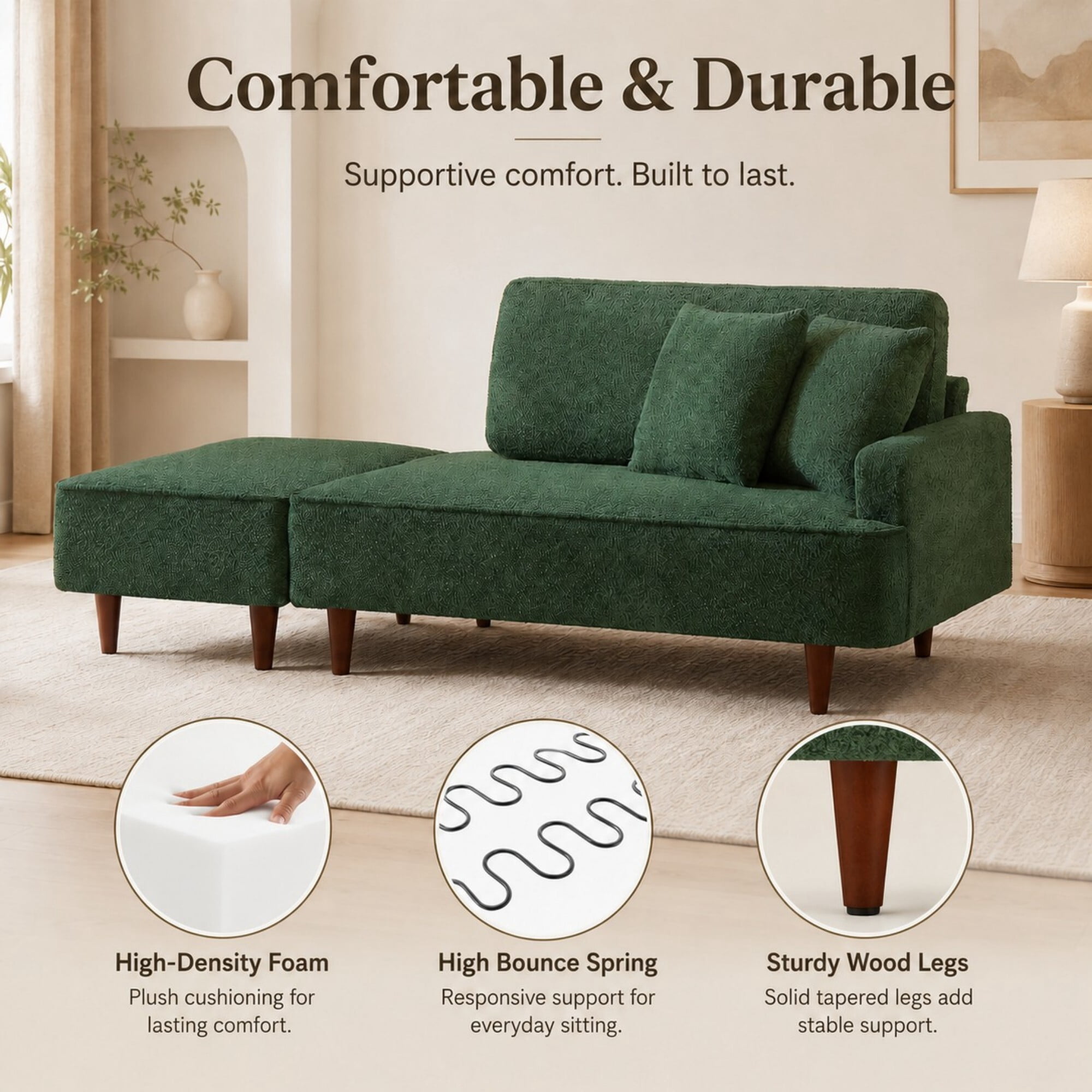 DEALTOPS Convertible Boucle Upholstered Chaise Lounge Chair with Ottoman for Living Room Bedroom, Green