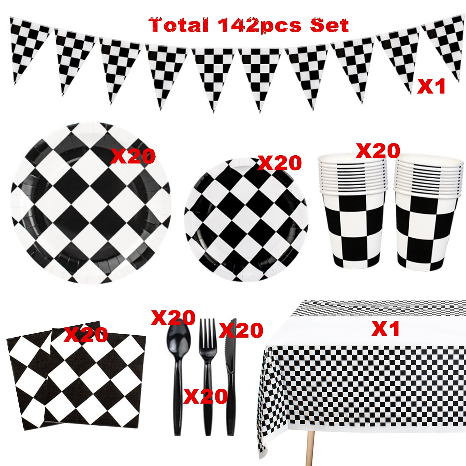 142 Pcs Race Car Party Plates and Napkins Sets, Black and White Checkered Birthday Decorations Tableware, Racing Sports Themed Dinnerware for Kids Boys Birthday Baby Shower, Serves 20 Guests