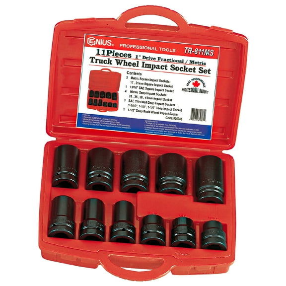 Genius Tools 11 Piece 1" Dr. Metric & SAE Truck Wheel Impact Socket Set (CR-Mo) - TR-811MS