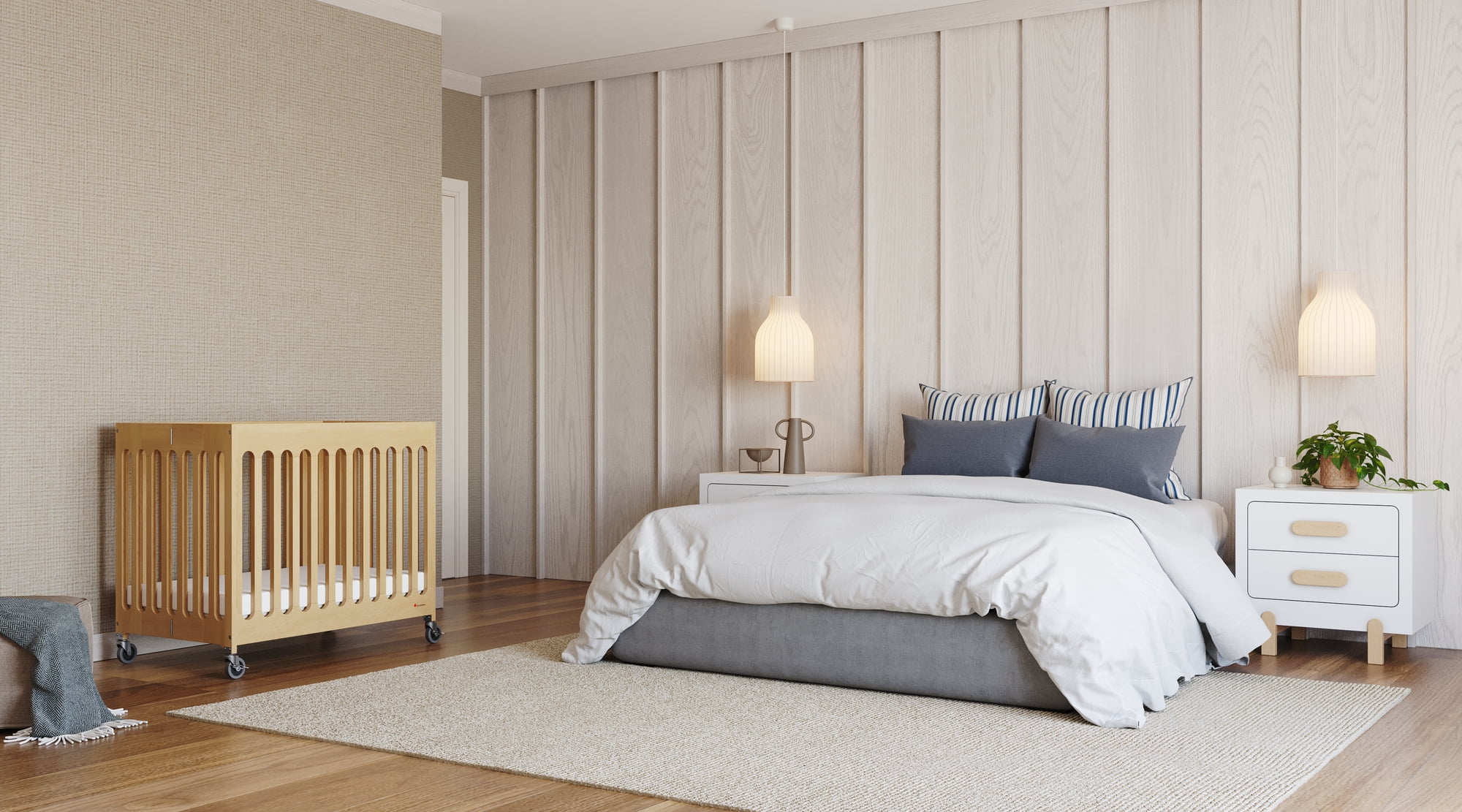 Foundations Boutique Compact Folding Hotel Crib with 3" Mattress and Locking Wheels, Natural