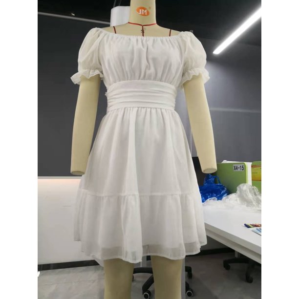 VISgogo Vestido casual de manga corta para mujer, a la moda, de color sólido, cuello barco, con lazo, sin espalda, vestido acampanado VISgogo moda
