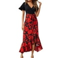 thumbnail image 2 of Robes pour Femmes 2024 Été Surdimensionnée pour Manches Courtes Col en V Boho Imprimé Floral Ceinture Taille Haute Basse à Volants Robe Maxi Cocktail 50 % de Réduction!, 2 of 7