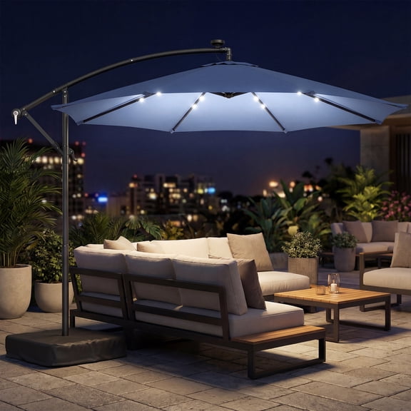 Outsunny 10 ft Cantilever Patio Umbrella with Solar LED Light, Sandbag Weight, Offset Hanging Outdoor Umbrella with Protective Cover, Dark Blue