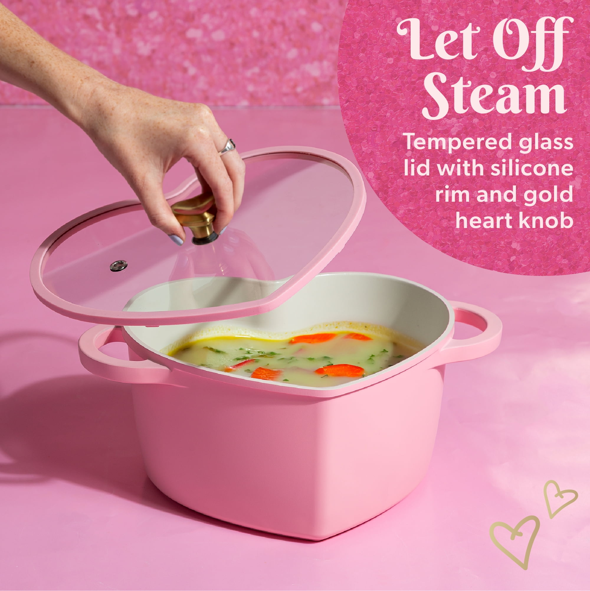 Paris Hilton 4.6 Quart Heart-Shaped Dutch Oven Pot with Lid, Clean Ceramic™ Nonstick Coating & Silicone Rim Glass Lid, Pink