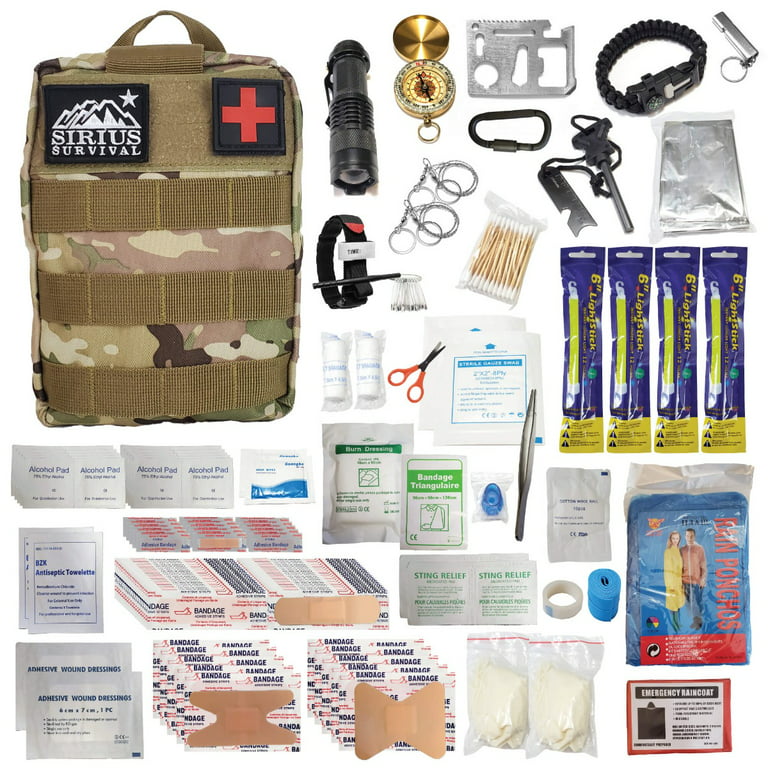 Sirius Premium 250 Piece Molle Survival & First Aid Kit - Outdoor Emergency Gear & Trauma Bag for Camping Hiking Hunting Car Cabin and Other