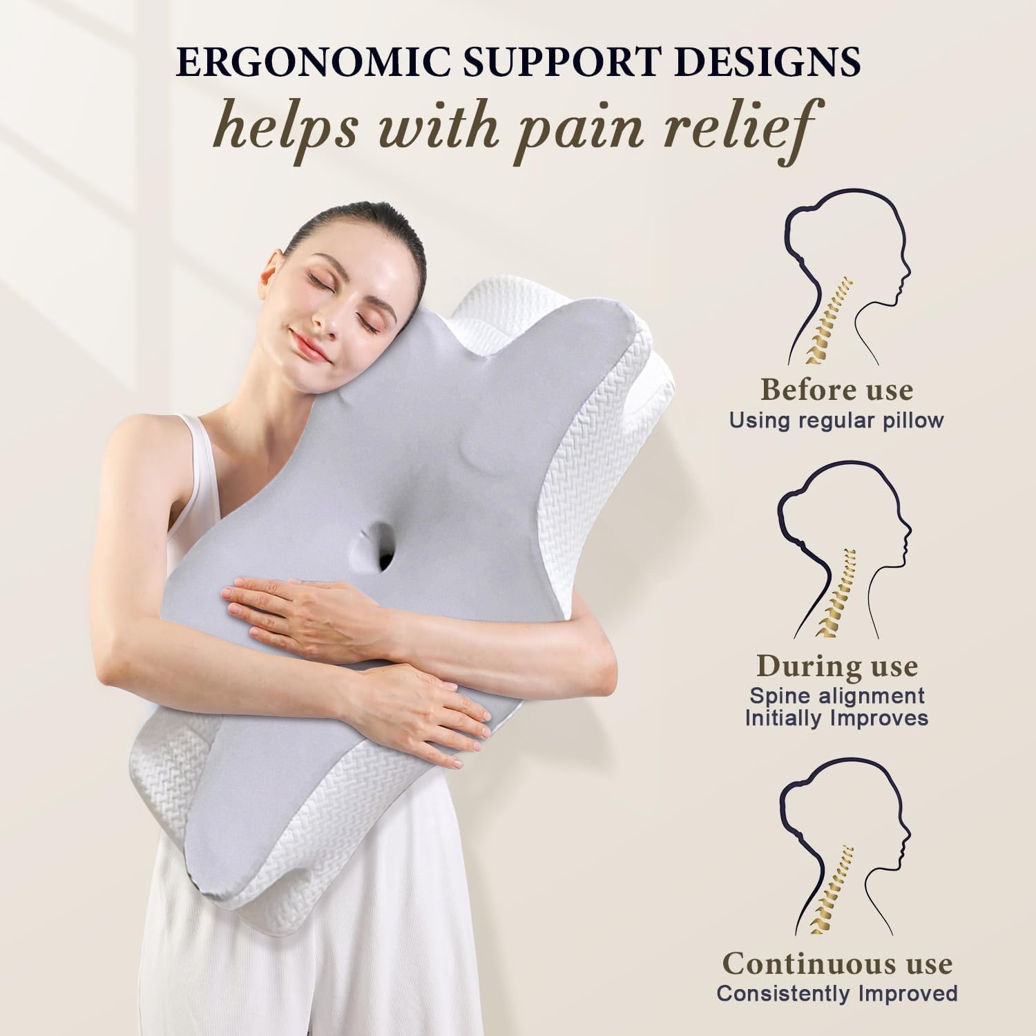 Cervical Pillow for Neck Pain Relief - Ergonomic Contour Memory Foam Pillow for Side, Back & Stomach Sleepers, Cooling & Slow Rebound Support, Light Gray