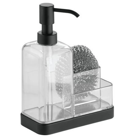 Matte Pewter Bathroom Accessory - InterDesign Forma Kitchen Countertop Soap Pump Dispenser, Sponge, Scrubby Organizer, Clear/Matte Black
