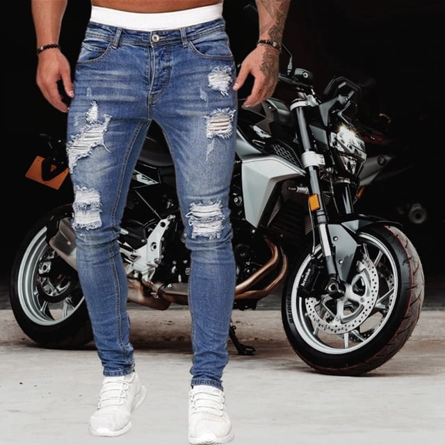 Qiopertar Men Jeans Solid Color Ripped Holes Frayed Gradient Washed Trousers Clearance Free Shipping under $5 Saving Up To 90% Off