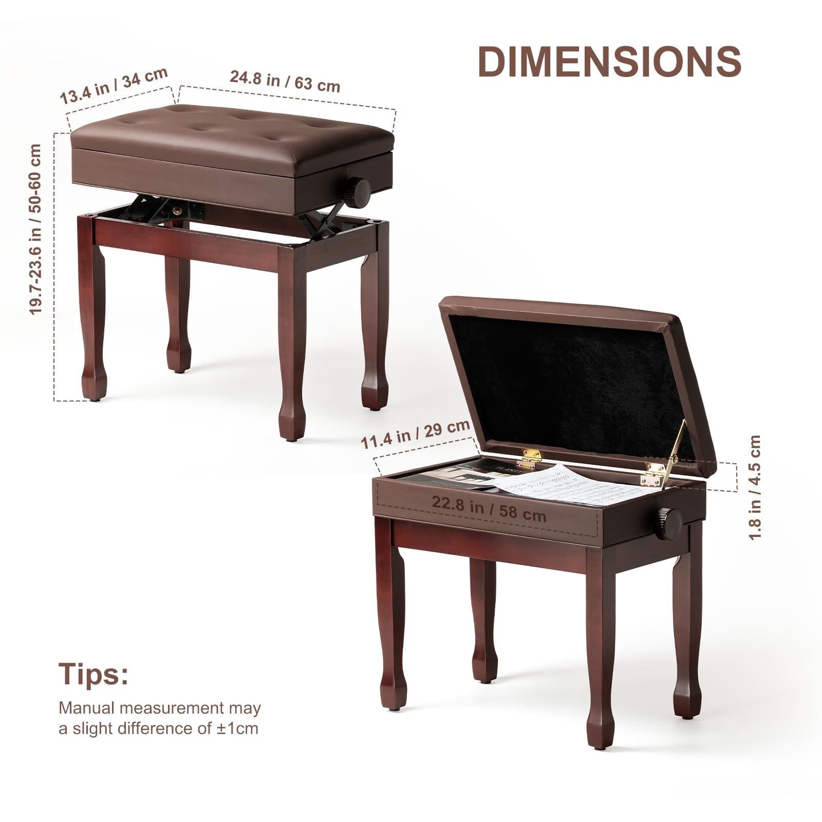 Adjustable Height Piano Bench Stool Pu Leather Cushion Wooden Keyboard Seat With Music Storage (brown)