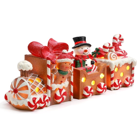 Ayieyill Lighted Gingerbread Train Christmas Decor Set, 3PCS Christmas Train Table Decor, Gingerbread Man Figurine Christmas Train Decoration for Indoor Decoration & Holiday Gift (Red)
