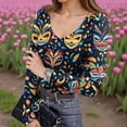thumbnail image 2 of Womens Mardi Gras Shirts Sequins Feathers Print V Neck Tops Mask Print Long Sleeve Party Tunic Tops Sky Blue 2XL, 2 of 7