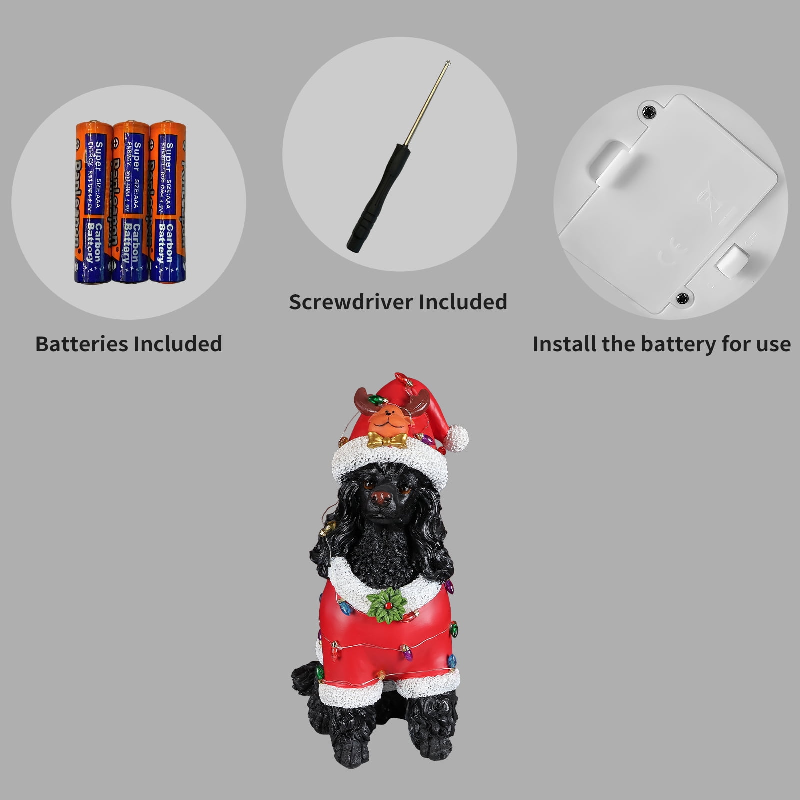 Black Poodle Red Santa Outfit Christmas Dog Statue with Reindeer Antlers Holiday Tabletop Decor