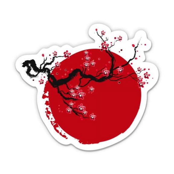 Japan Red Sun and Sakura - 3" Vinyl Sticker - For Car Laptop I-Pad Phone Helmet Hard Hat - Waterproof Decal